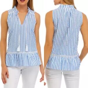 NWT crown & ivy blue & white stripe peasant tank top crochet detail XL